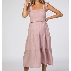 Pink Blush Mauve Bow Strap Tiered Maternity Midi Dress- Medium